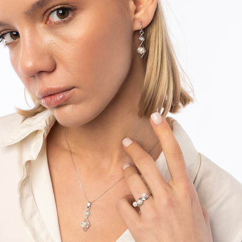 Sterling Silver Rhombus 3D Pearl Earrings