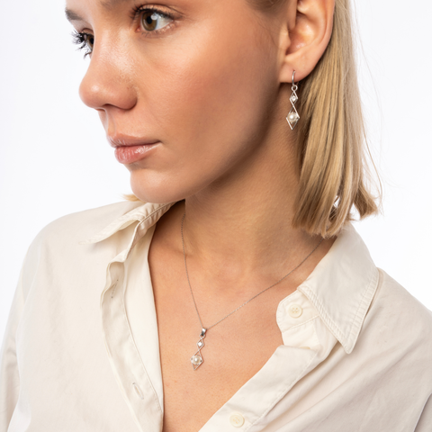 Sterling Silver Rhombus 3D Pearl Earrings