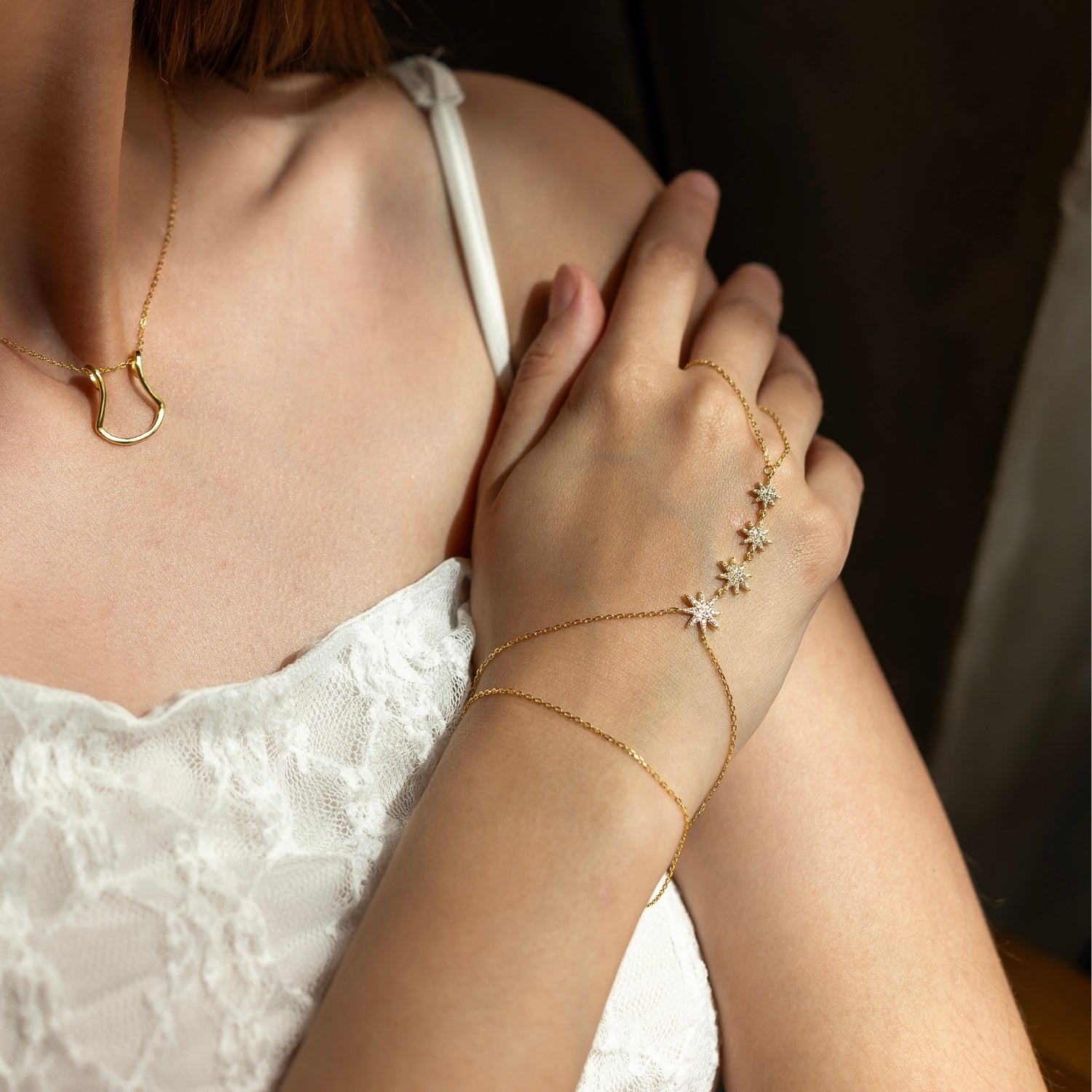 Stars Of Universe Sterling Silver Gold Plated Hand Chain Ring