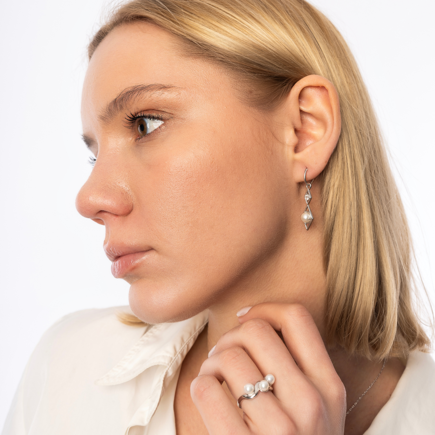 Sterling Silver Rhombus 3D Pearl Earrings