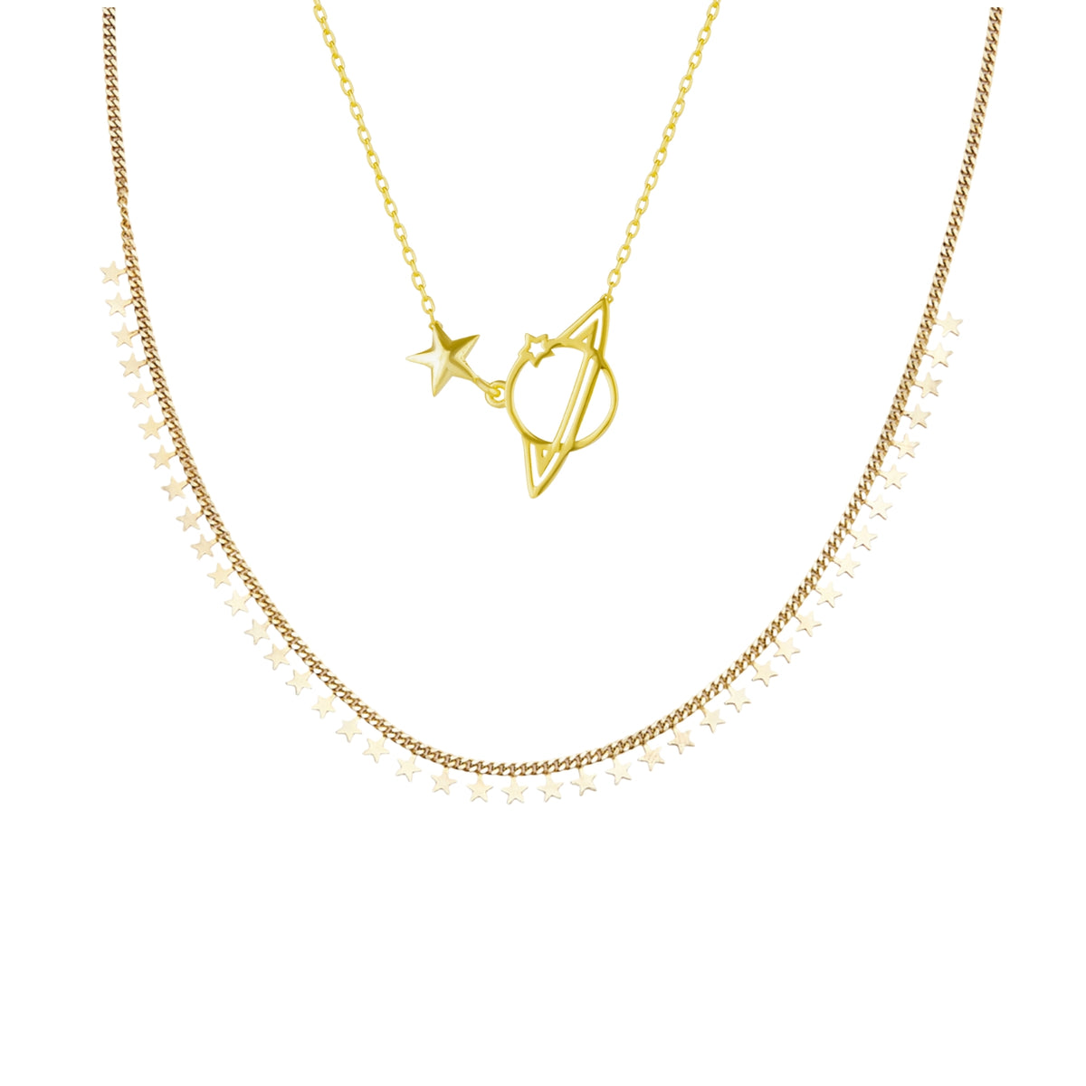 Multiple Star Sterling Silver Station and Saturn Necklace Set