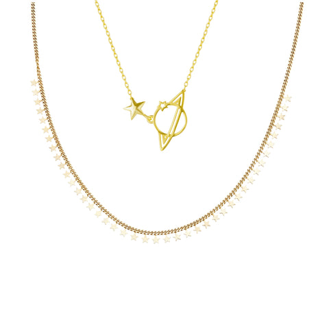 Multiple Star Sterling Silver Station and Saturn Necklace Set
