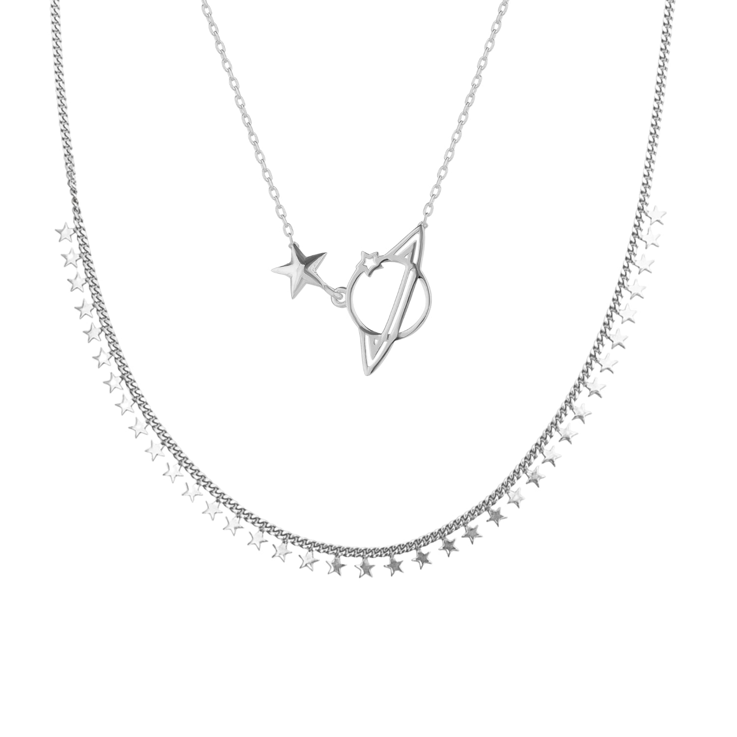 Multiple Star Sterling Silver Station and Saturn Necklace Set