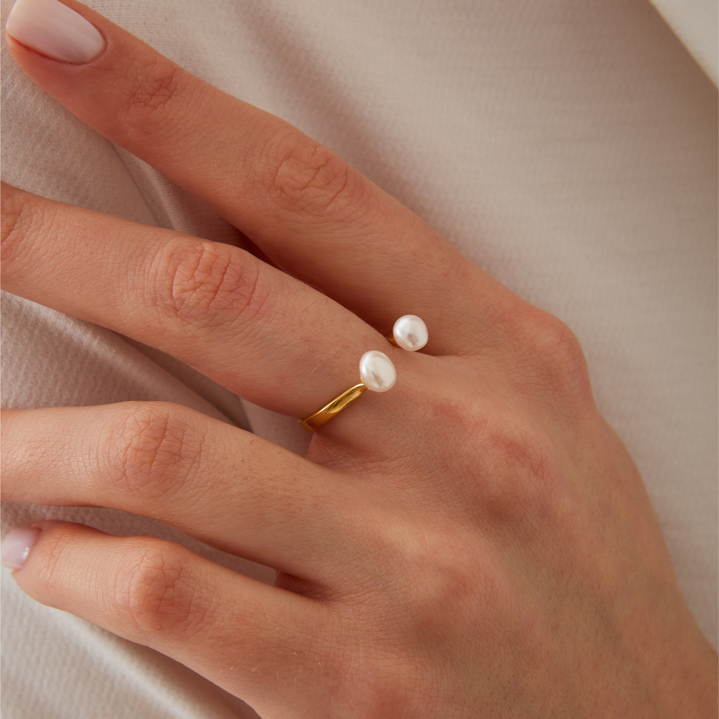Double Pearl Sterling Silver Adjustable Open Ring