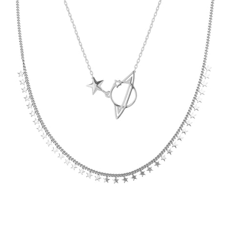 Multiple Star Sterling Silver Station and Saturn Necklace Set