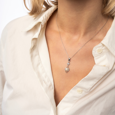 Sterling Silver Rhombus 3D Pearl Necklace