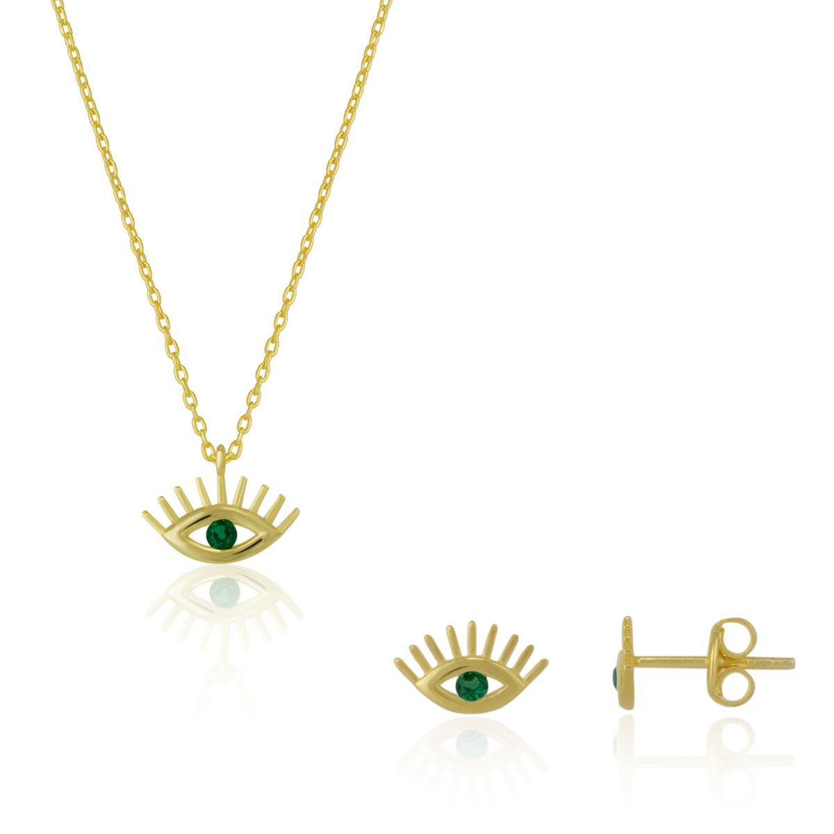 Emerald Eye Evil Eye Sterling Silver Necklace and Stud Earring Set