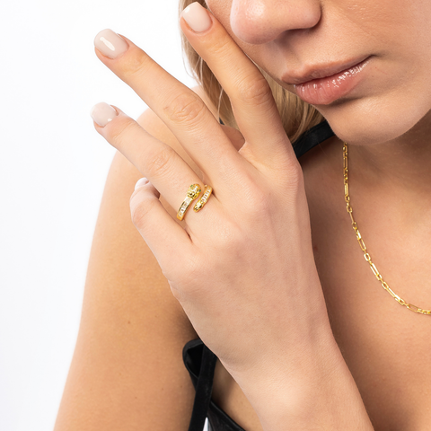 Baguette Snake Ring With Green Eyes in Sterling Silver