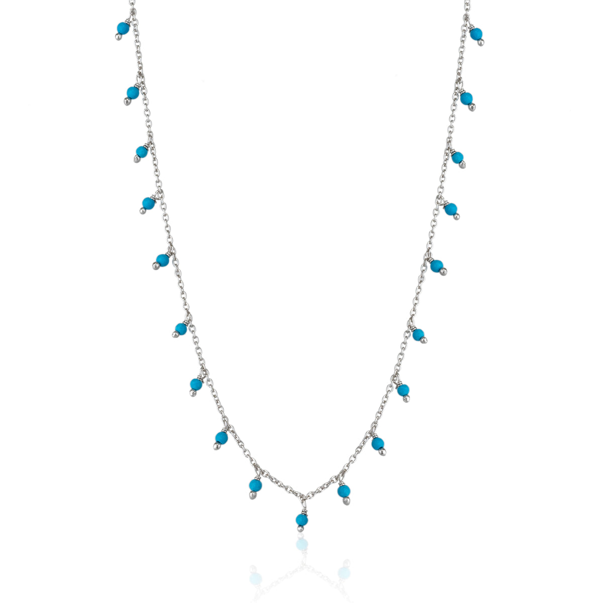 Blue Turquoise Beaded Sterling Silver Chain Necklace