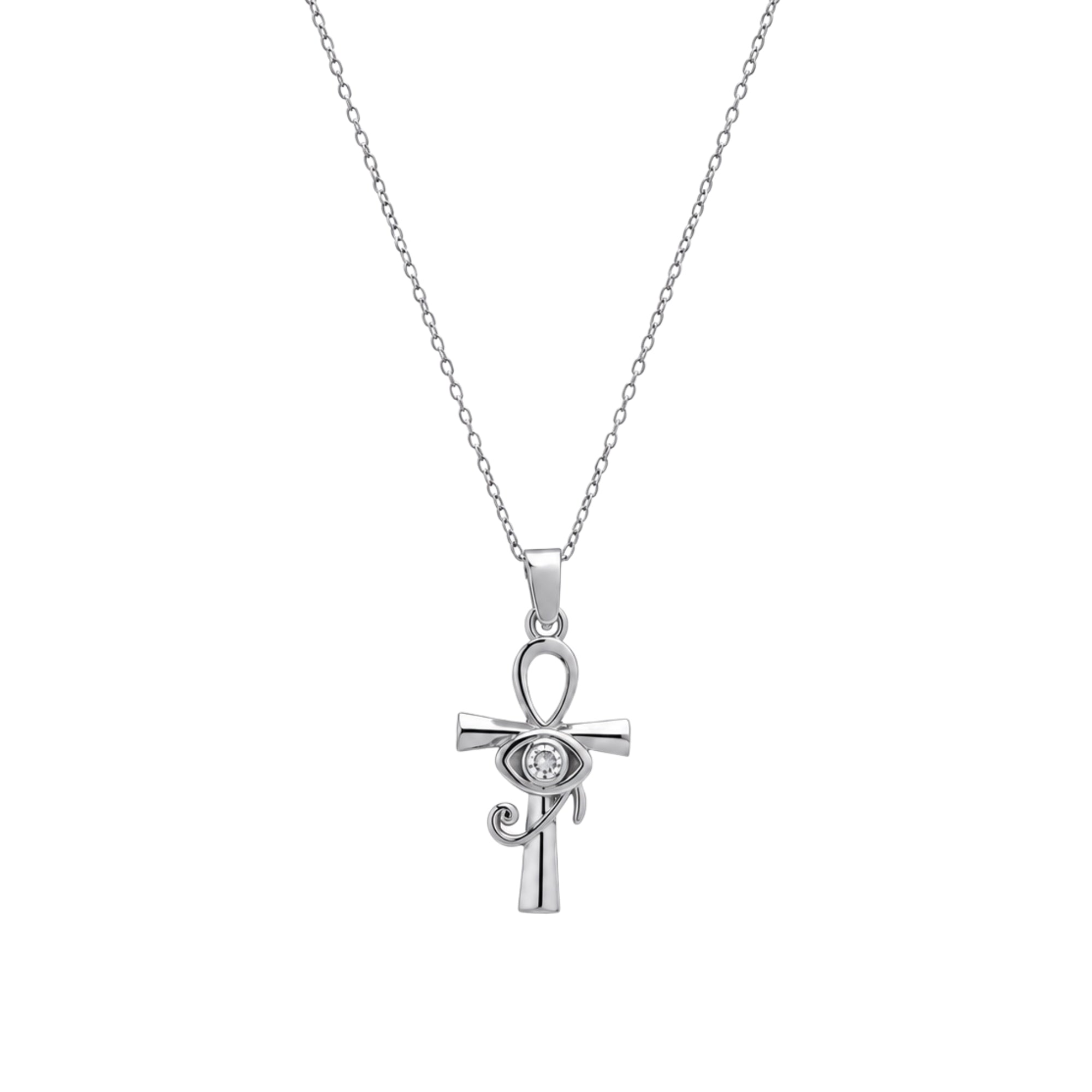 Sterling Silver Egyptian Ankh and White Eye Necklace