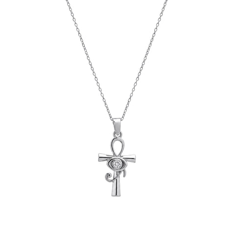 Sterling Silver Egyptian Ankh and White Eye Necklace