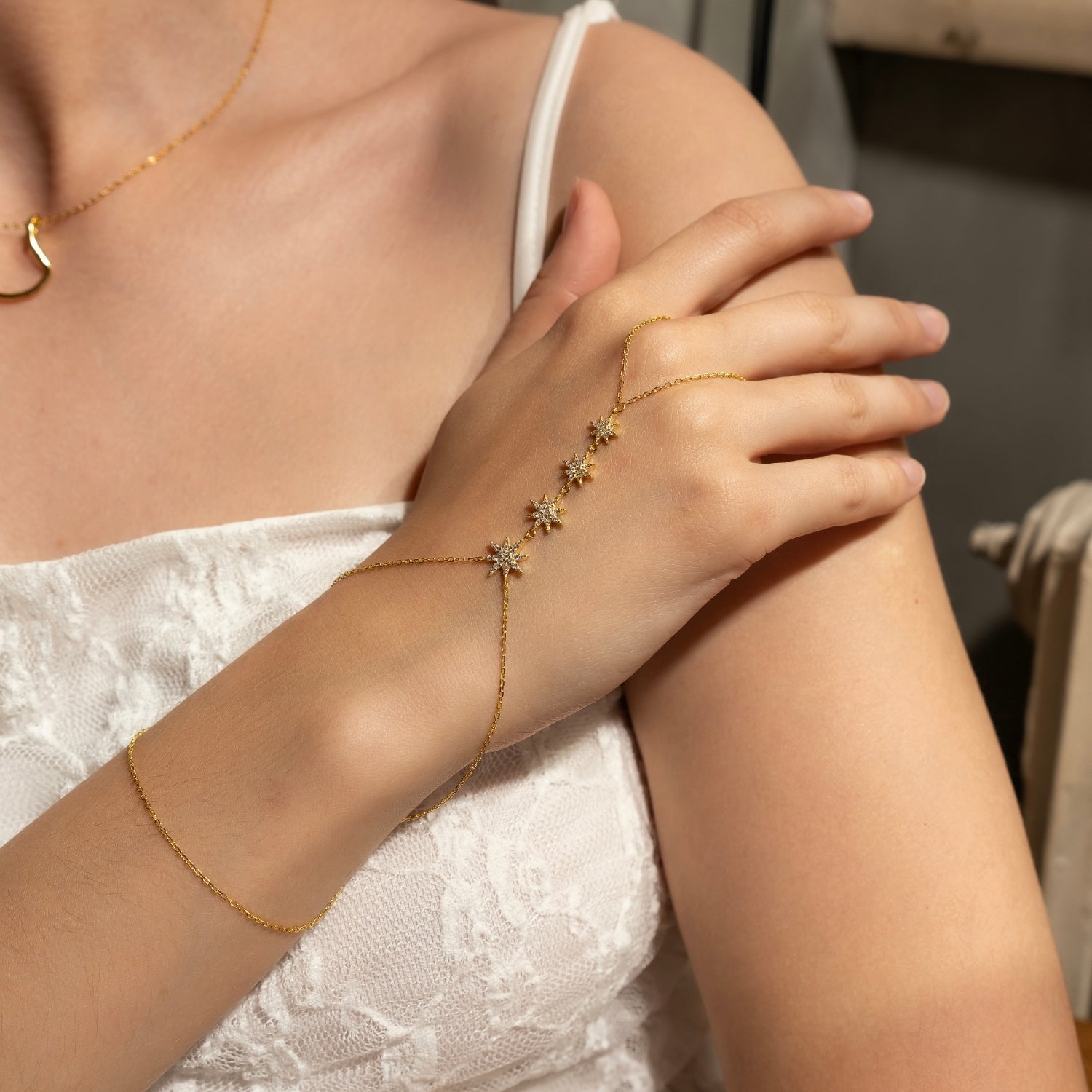 Stars Of Universe Sterling Silver Gold Plated Hand Chain Ring