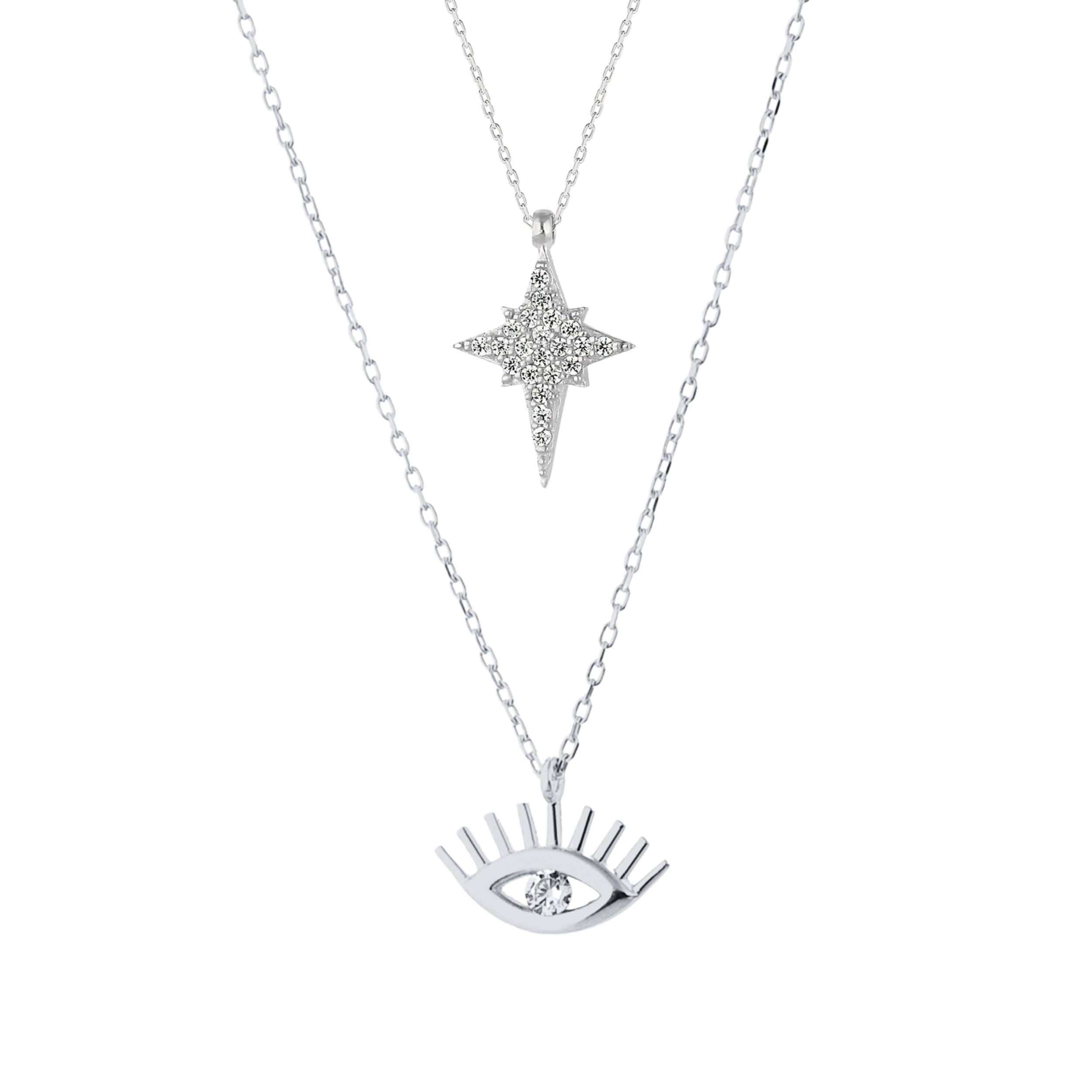 White Eye Evil Eye and Northern Star Starburst Sterling Silver Necklace Layering Set
