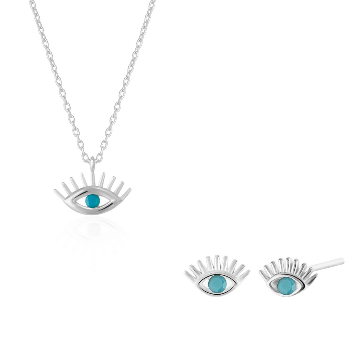 Turquoise Blue Eye Evil Eye Sterling Silver Necklace and Earring Set