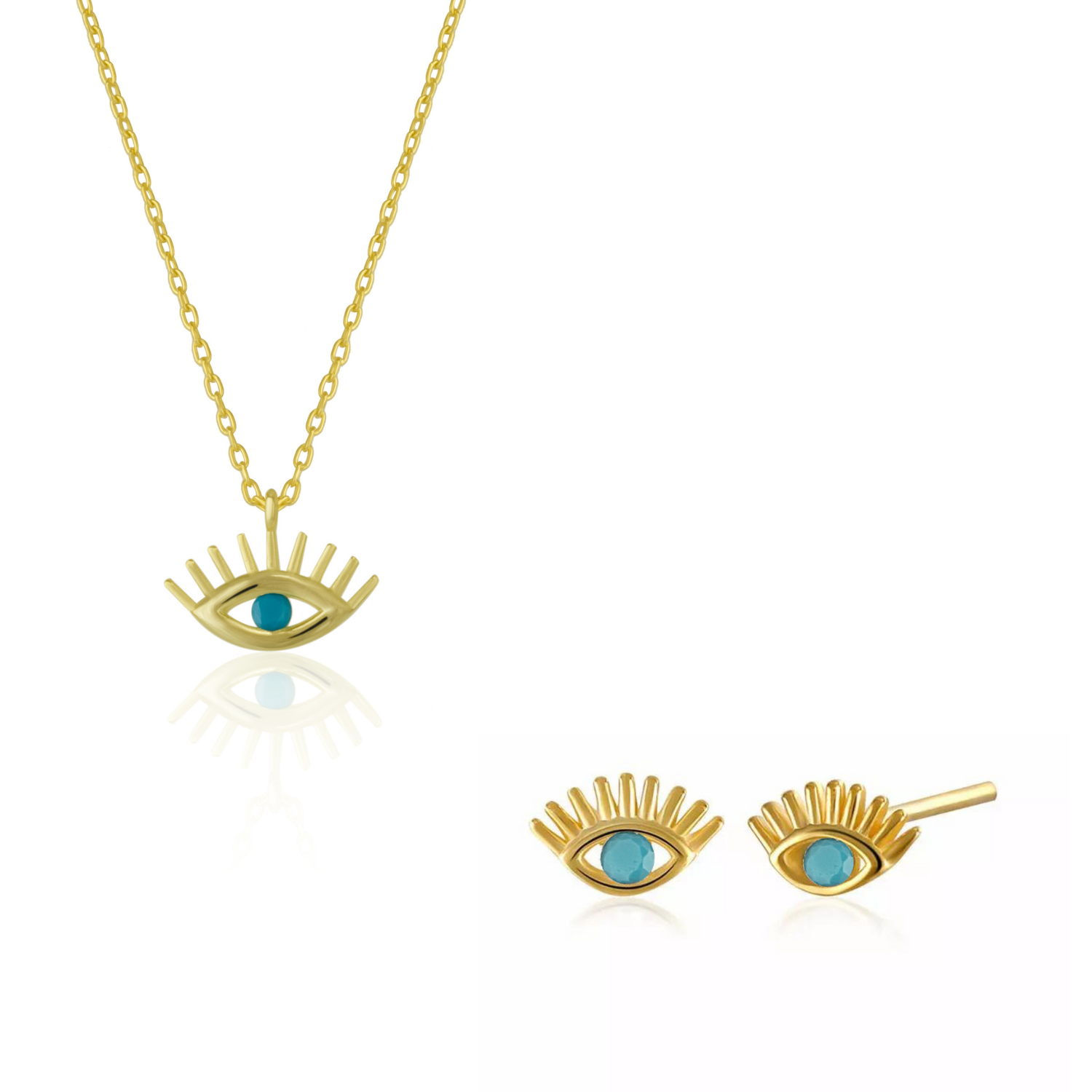 Turquoise Blue Eye Evil Eye Sterling Silver Necklace and Earring Set