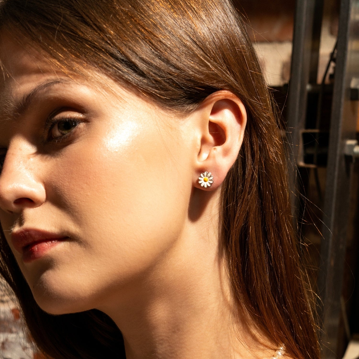 Enamel Daisy Stud Sterling Silver Earrings