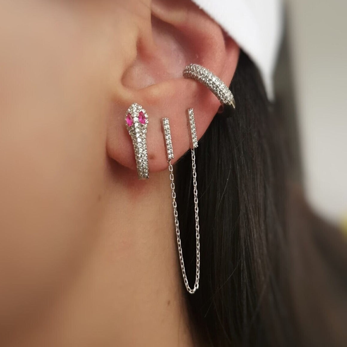 Chained Bar Chain and Bar Earring Set in Sterling Silver - Pair
