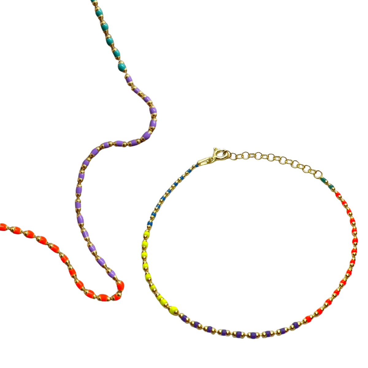 Sterling Silver Enamel Mine Beaded Colourful Rainbow Necklace and Bracelet Set