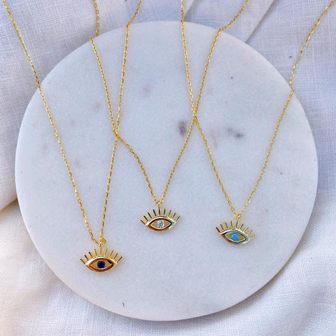 Emerald Eye Evil Eye Sterling Silver Necklace and Stud Earring Set