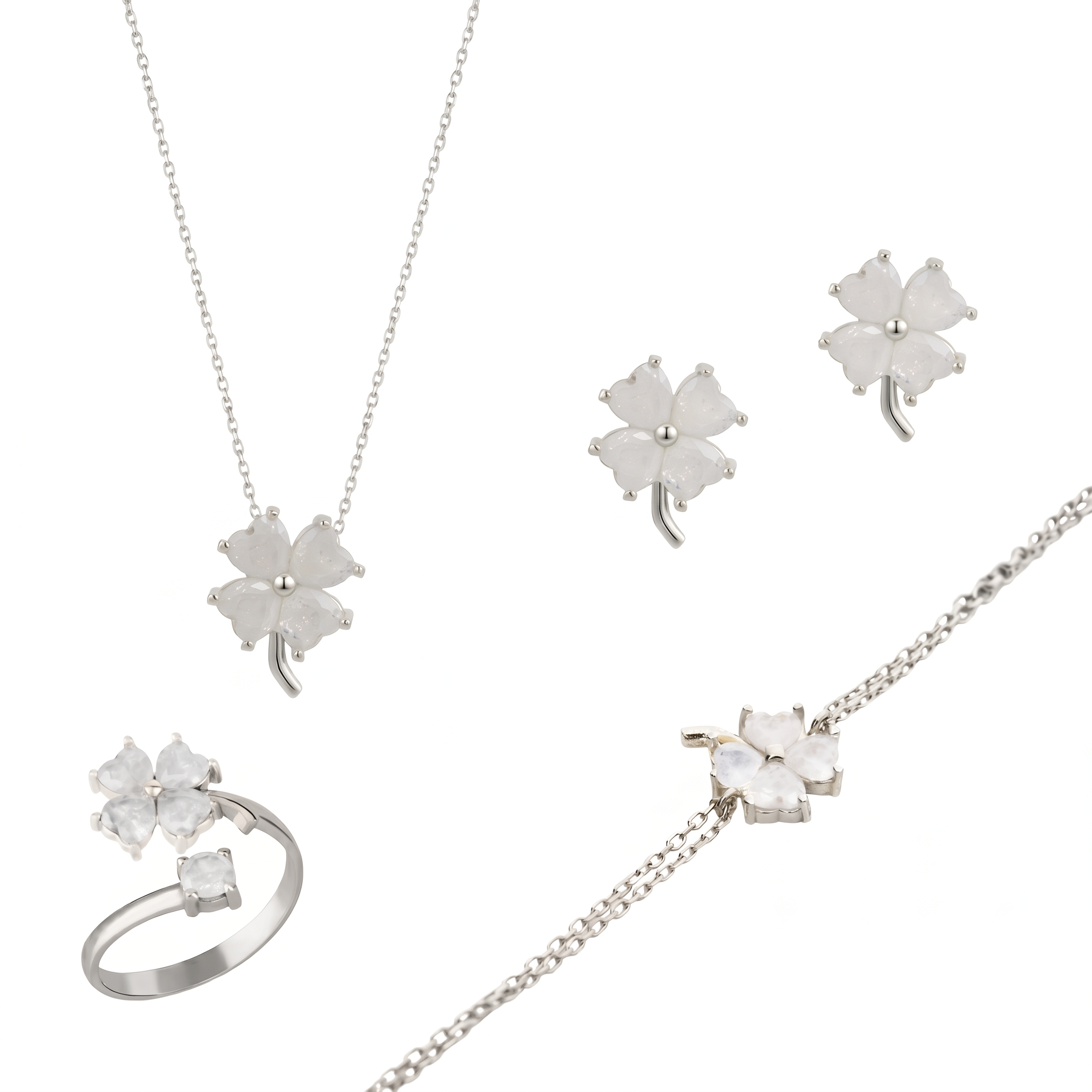Best of Luck Four Leaves Clover Sterling Silver Bracelet Necklace Ring and Stud Earring Set - White Full Set