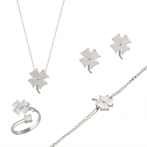 Best of Luck Four Leaves Clover Sterling Silver Bracelet Necklace Ring and Stud Earring Set - White Full Set