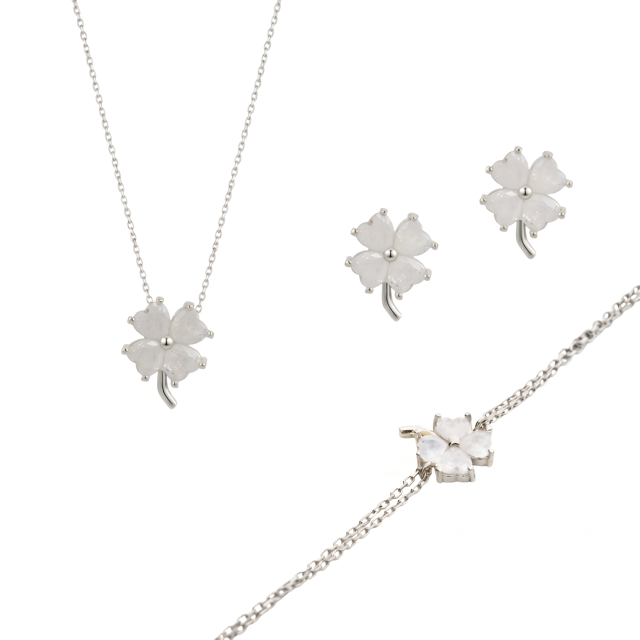 Best of Luck Four Leaves Clover Sterling Silver Bracelet Necklace and Stud Earring Set - White