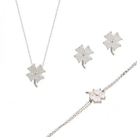 Best of Luck Four Leaves Clover Sterling Silver Bracelet Necklace and Stud Earring Set - White