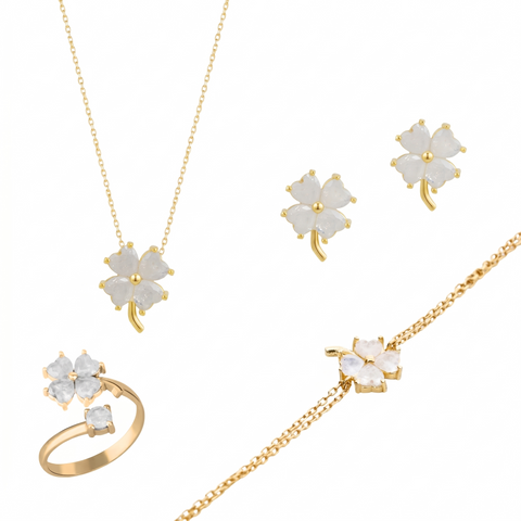 Best of Luck Four Leaves Clover Sterling Silver Bracelet Necklace Ring and Stud Earring Set - White Full Set