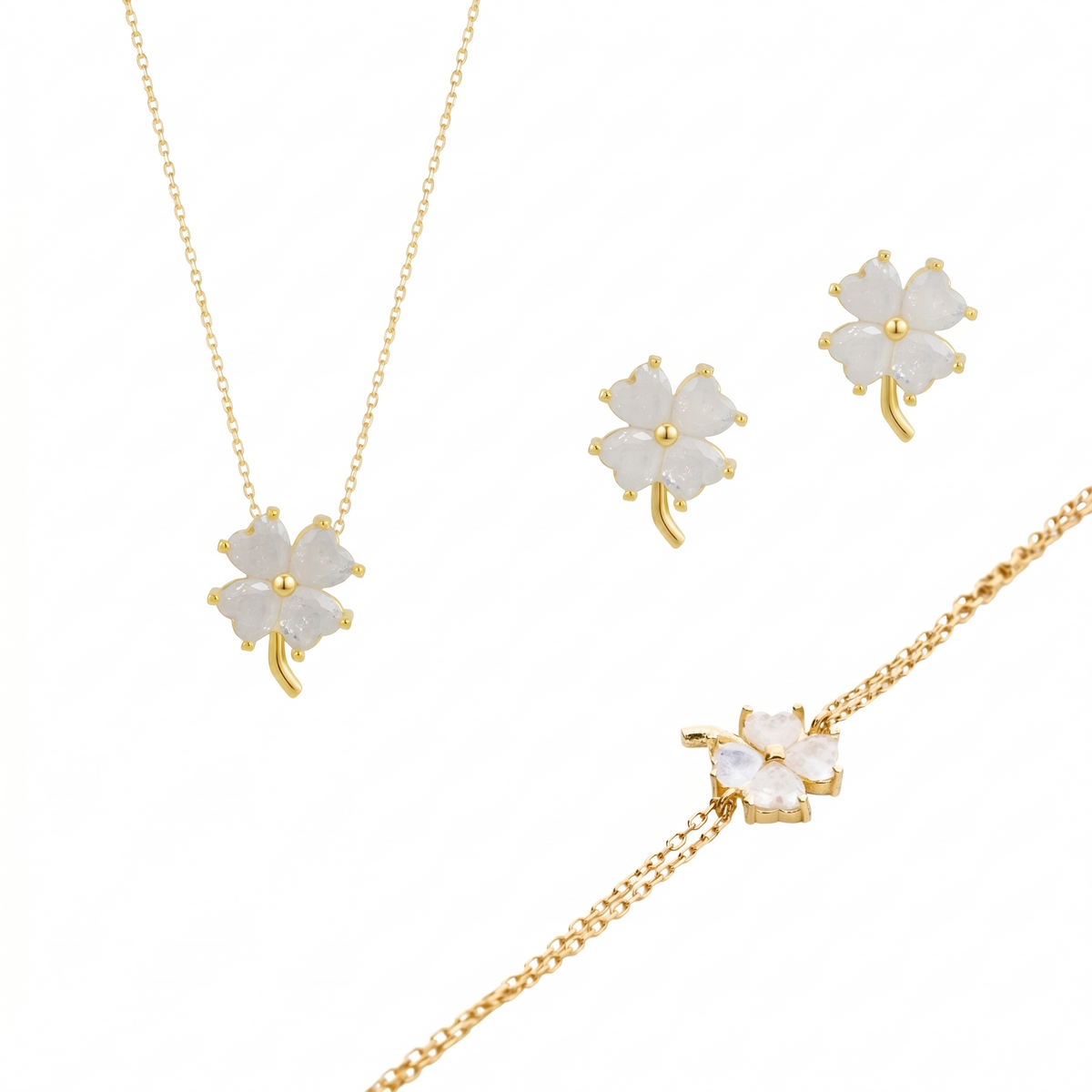 Best of Luck Four Leaves Clover Sterling Silver Bracelet Necklace and Stud Earring Set - White