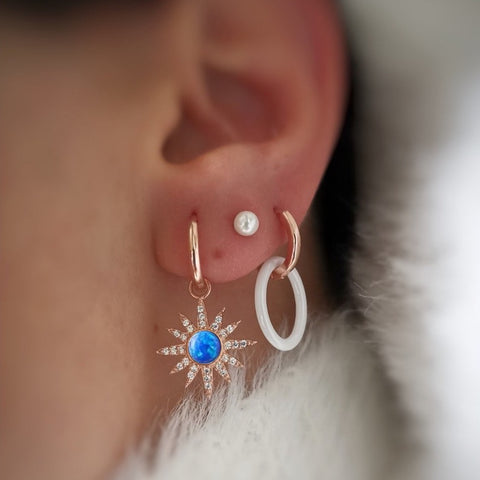 Blue Opal Sun Drop Hoop Earrings Sterling Silver