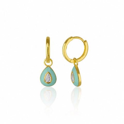 Enamelled Jewelled Sterling Silver Drop Hoop Earrings