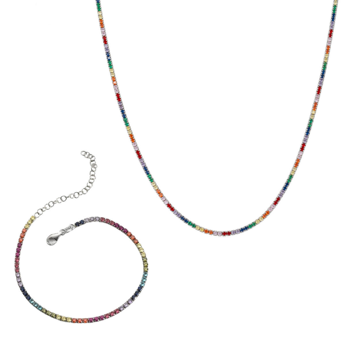 Rainbow Tennis Necklace and Bracelet Set Sterling Silver