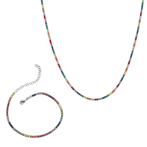 Rainbow Tennis Necklace and Bracelet Set Sterling Silver