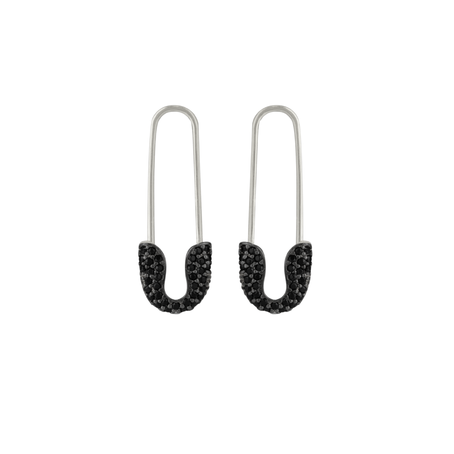 Black Pave Safety Pin Earrings Jewelled Sterling Silver