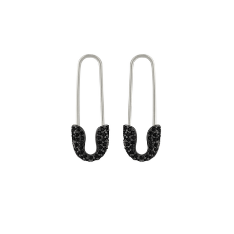 Black Pave Safety Pin Earrings Jewelled Sterling Silver
