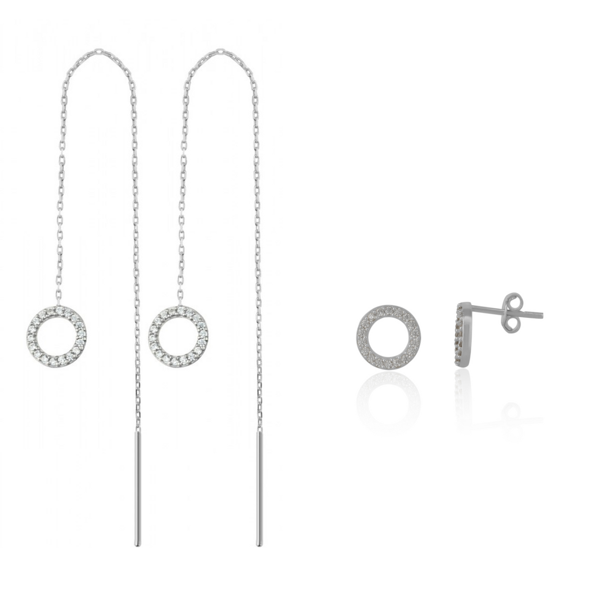 Circle Round One Drop One Stud Earrings Sterling Silver Set