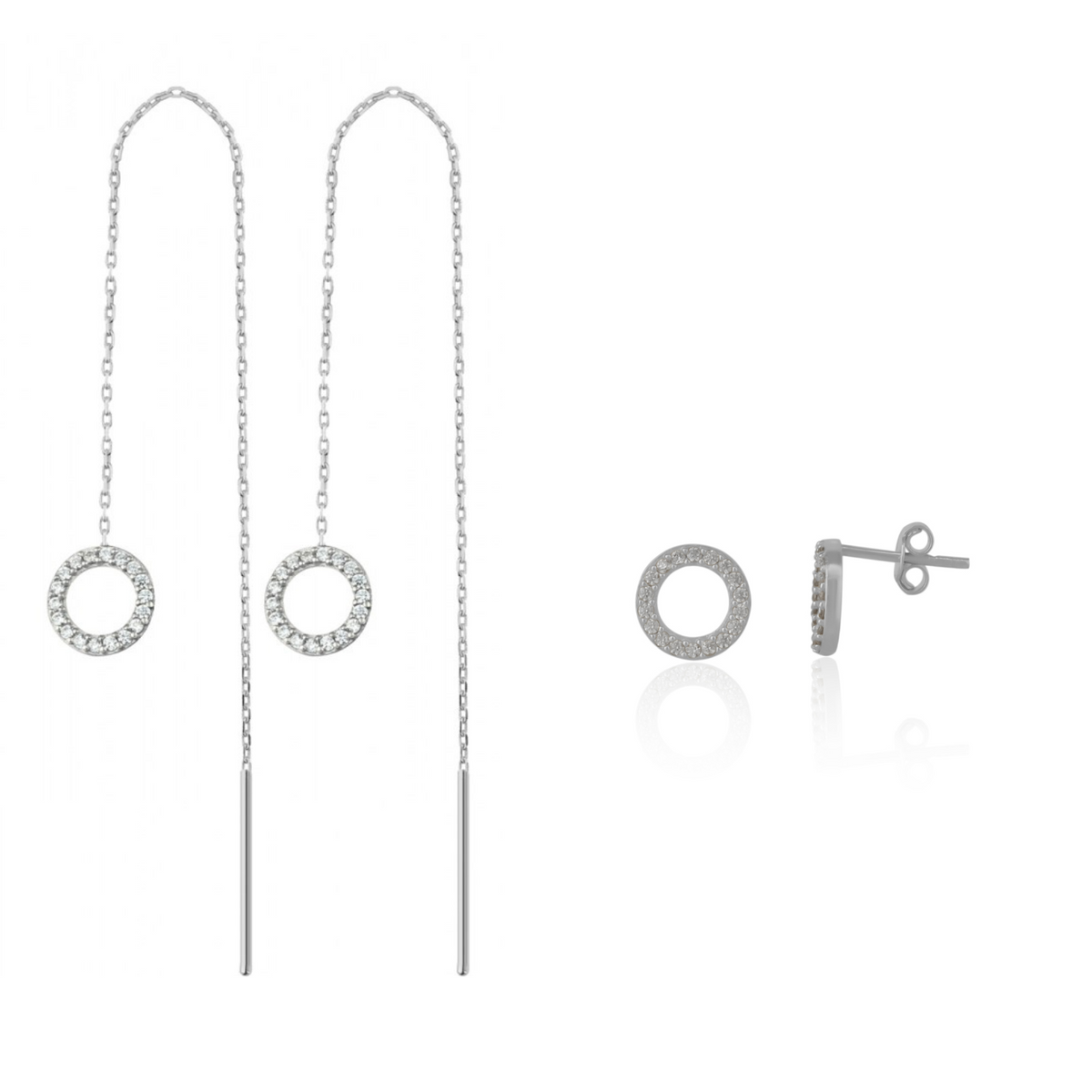 Circle Round One Drop One Stud Earring Sterling Silver Set