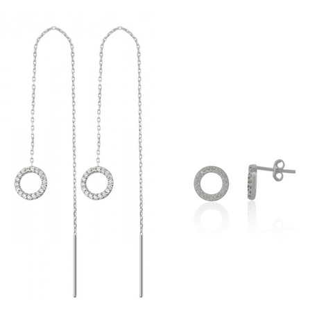 Circle Round One Drop One Stud Earrings Sterling Silver Set