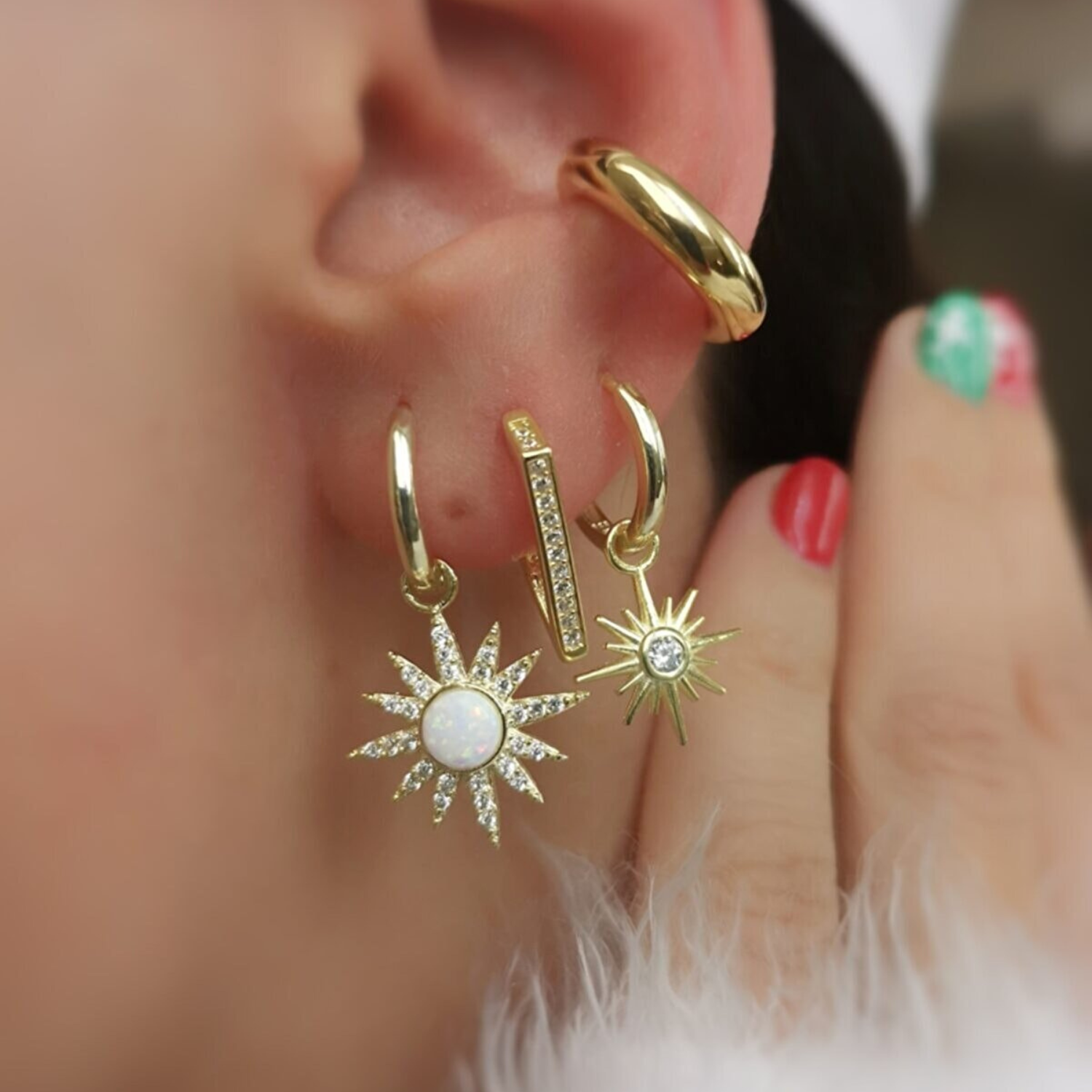 White Opal Sun Drop Hoop Earrings Sterling Silver