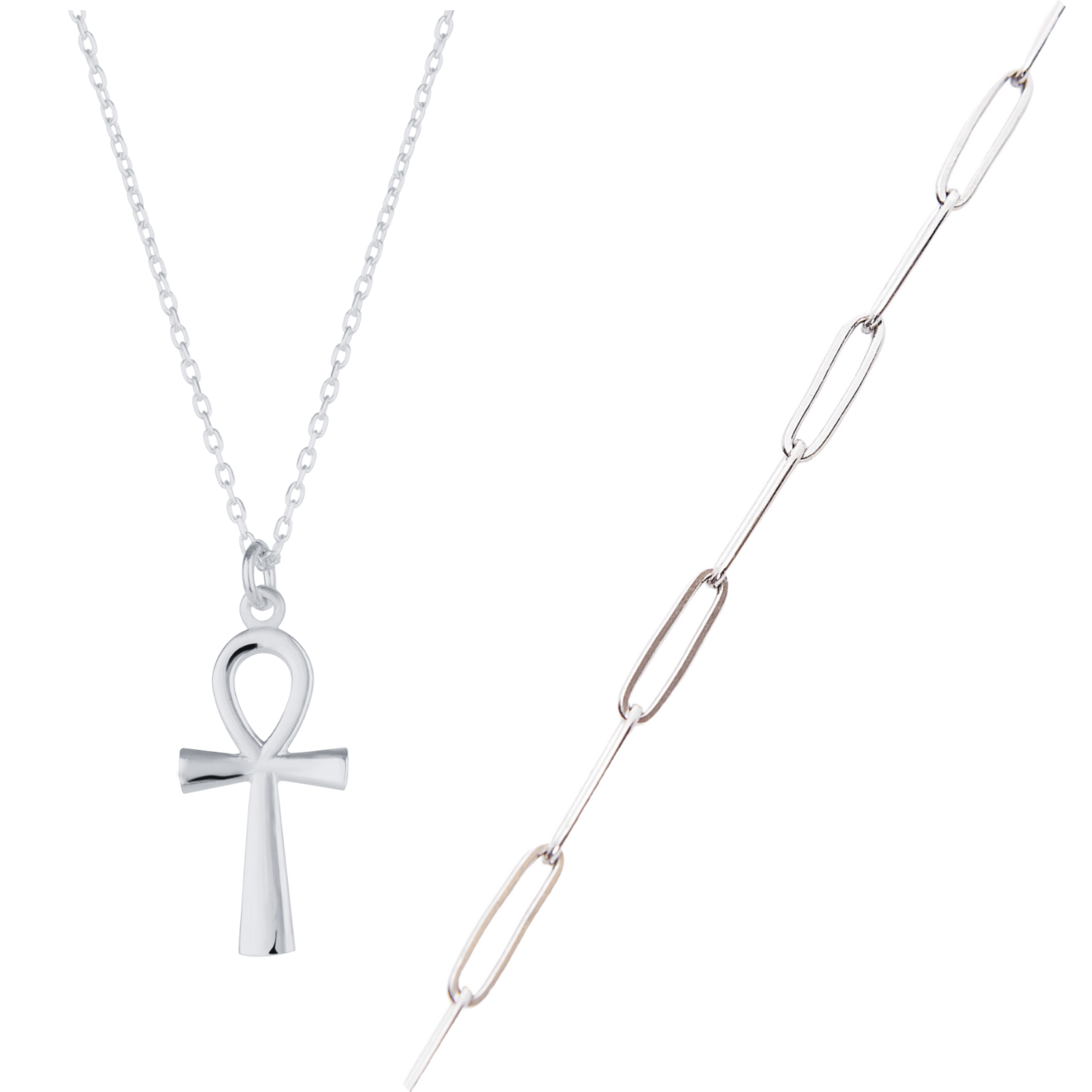 Sterling Silver Egyptian Ankh and Large Rectangular Chain Stacking Necklace Set
