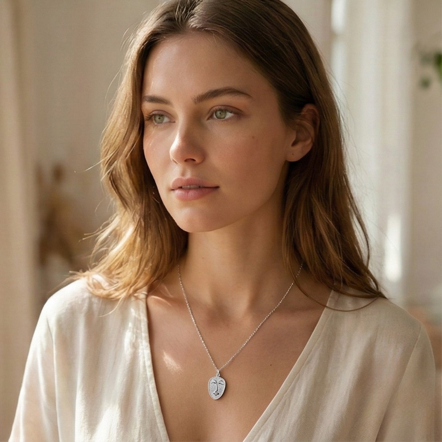 Abstract Face Monogram Medal Art Sterling Silver Necklace