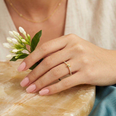 Star Zirconia Half Round Adjustable Sterling Silver Ring