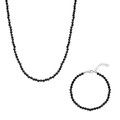 Black Naturel Spinel Sterling Silver Necklace Bracelet Set