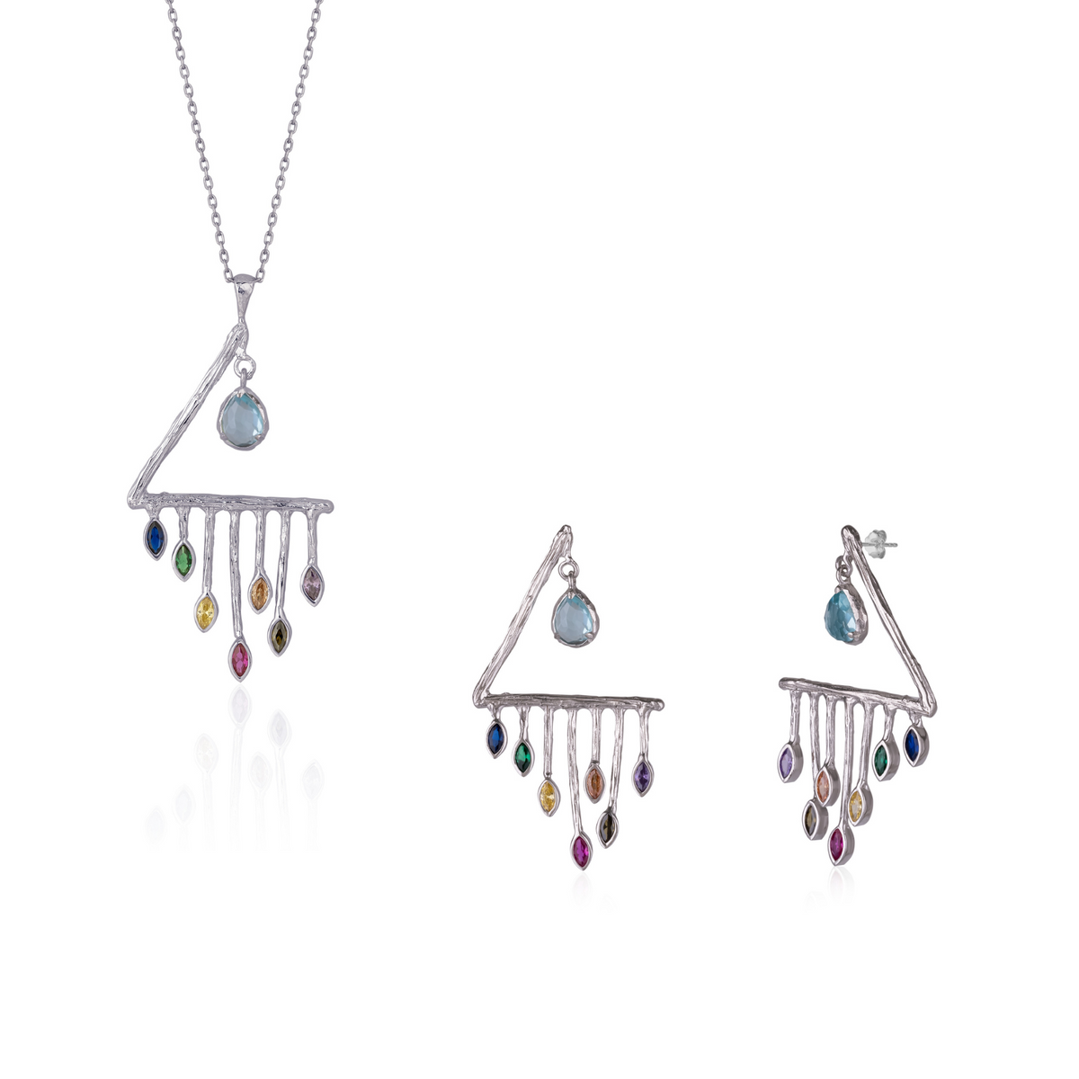 Colourful Rainbow Rain Drop Earring and Necklace Set in Sterling Silver