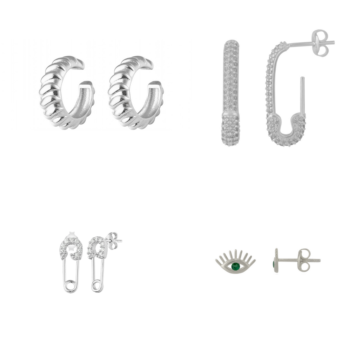Sterling Silver Safety Pin Stud Croissant Ear Cuff and Emerald Evil Eye Earring Set - Pair