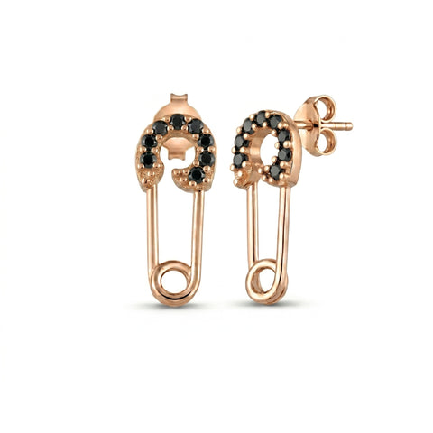 Sterling Silver Black Jewelled Mini Safety Pin Stud Earrings