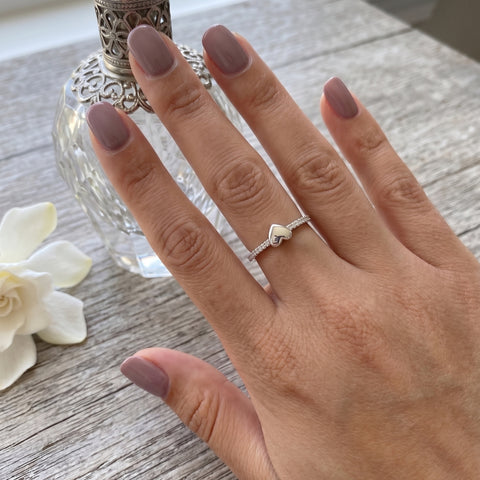 Love Heart Zirconia Half Round Adjustable Sterling Silver Ring