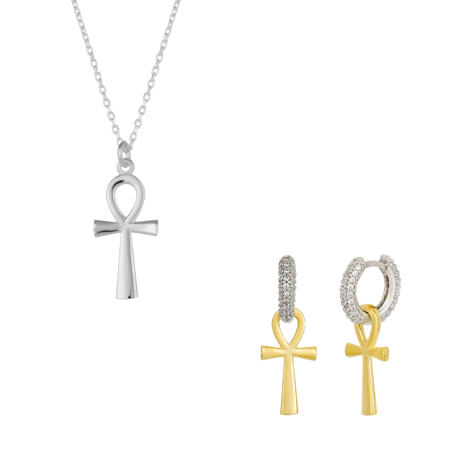 Sterling Silver Egyptian Ankh Necklace and Earring Set