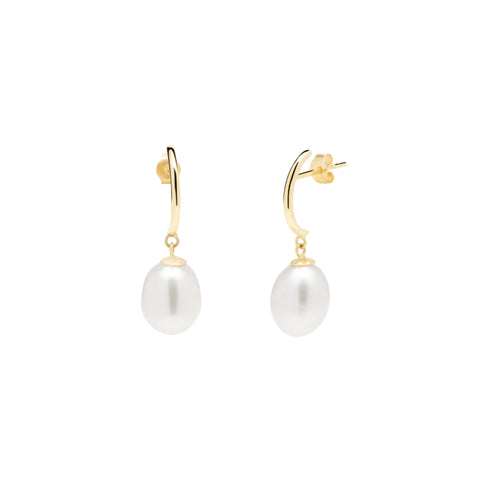 9ct Solid Gold Semi - Hoop Pearl Stud Earrings
