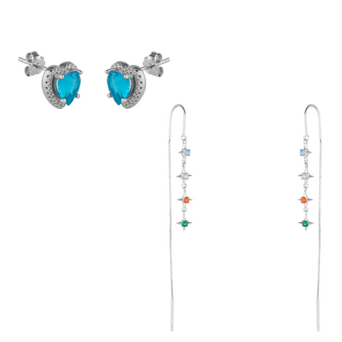 Multicolour Star Drop Sterling Silver Chain Threader Earrings and Heart of Ocean Earrings- Pair